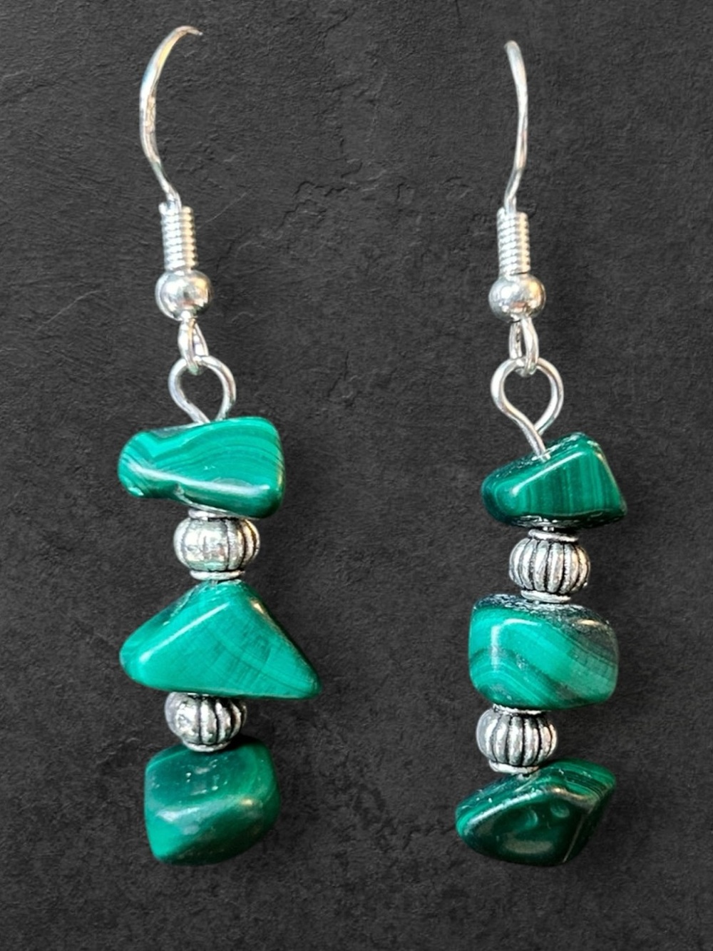Malachite Stone Chip Drop Earrings Sterling Silver Fish Hook Artisan Boho